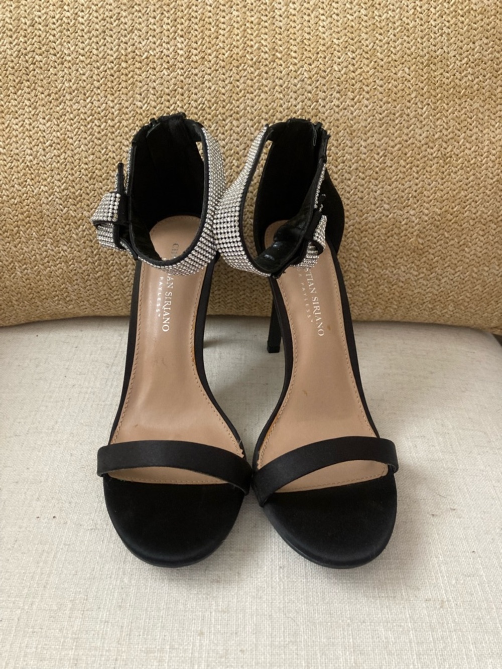 Christian Siriano Black Satin Ankle-Strap High Heel Sandals with Crystal Detail